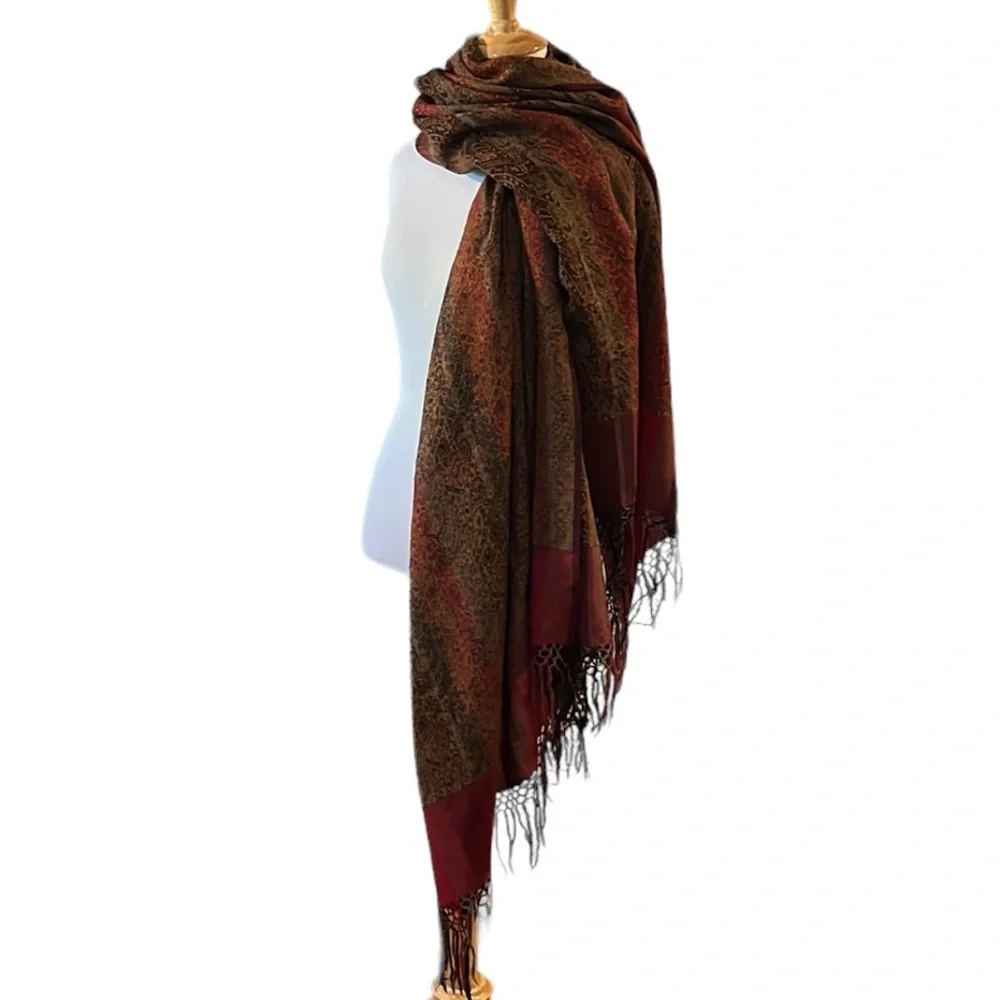 SMITHSONIAN INSTITUTION KASHMIR BLANKET WOOL PAISLEY PLAID WOVEN SCARF RED MULTI